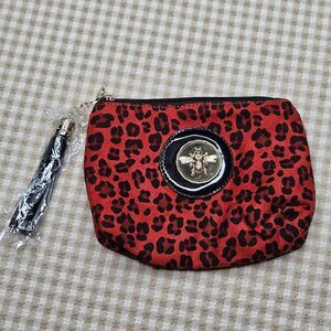 Bosom Buddy Bags Red Leopard Print Gold Bee Charm Zip Top Make Up Pouch Bag